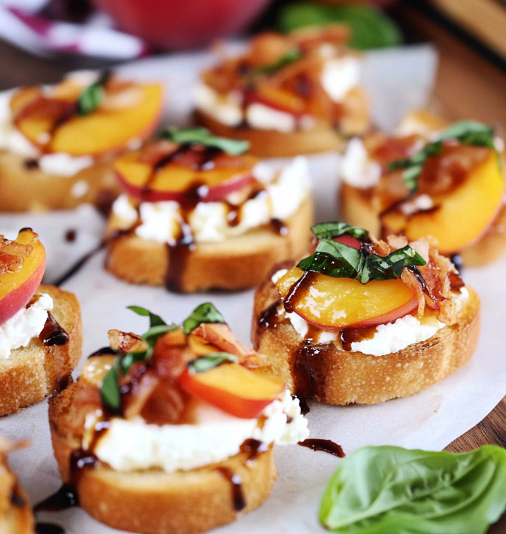 Honey Ricotta Peach Crostini with Crispy Pancetta
