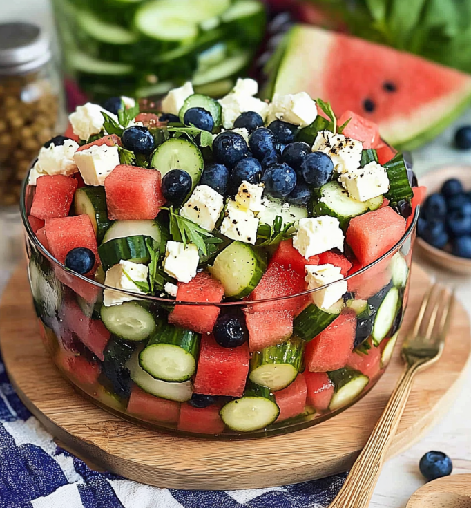 Watermelon Feta Salad with Cucumber and Blueberries