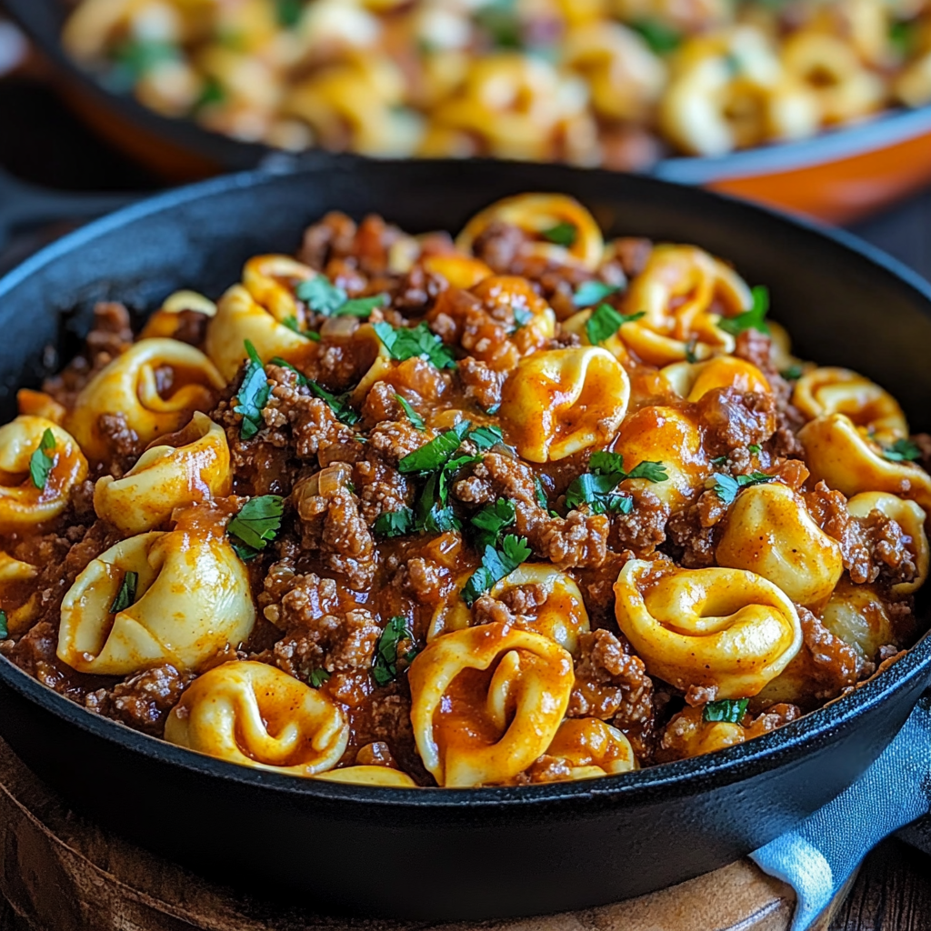 Cheesy Beef Enchilada Tortellini Skillet