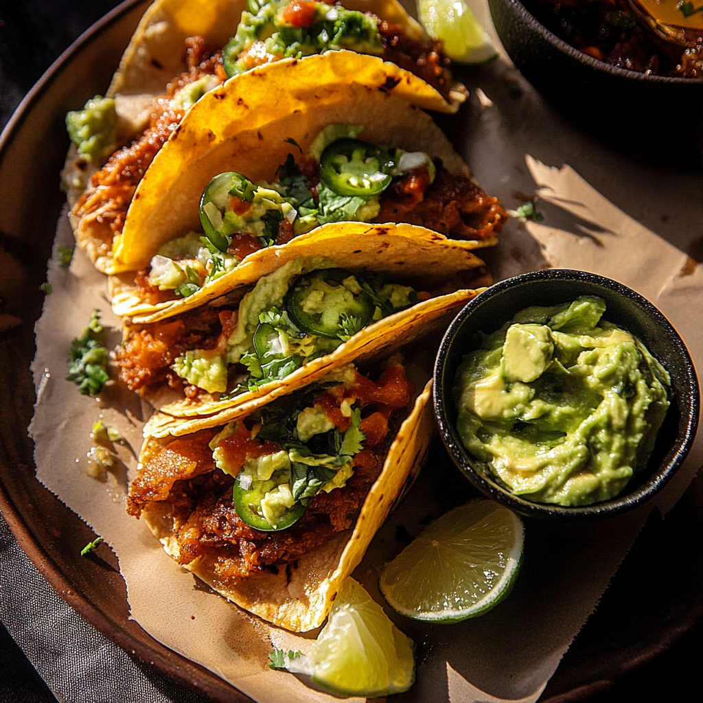 Crispy Carnitas Tacos with Roasted Jalapeño Lime Avocado