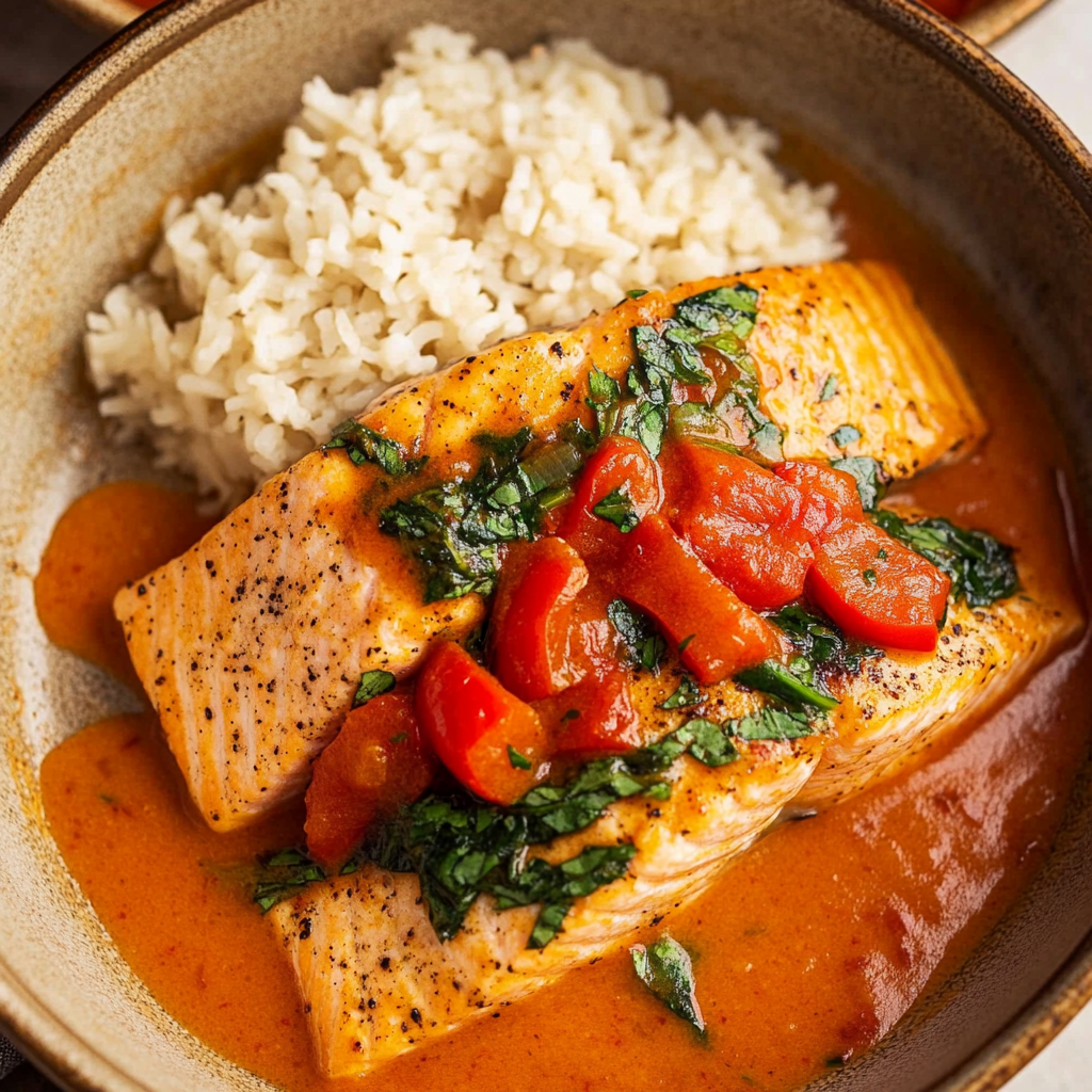 Crispy Salmon with Roasted Red Pepper Sauce