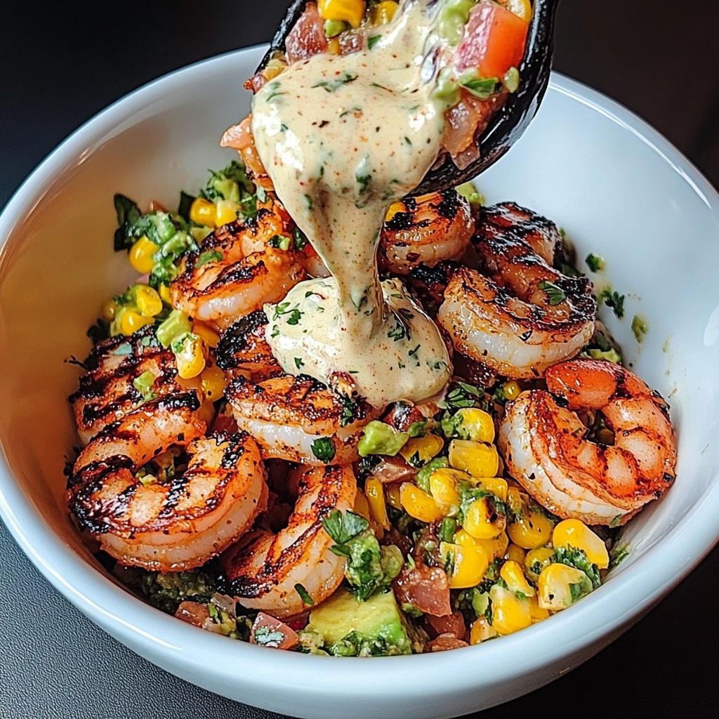 Grilled Shrimp Bowl with Avocado, Corn Salsa & Creamy Garlic Sauce