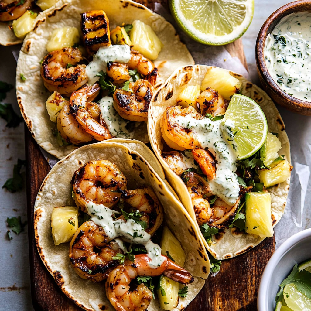 Jalapeño Pineapple Shrimp Tacos with Cilantro Garlic Sauce