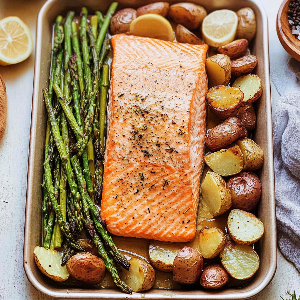 Lemony Brown Butter Salmon and Rosemary Potatoes with Garlic Asparagus