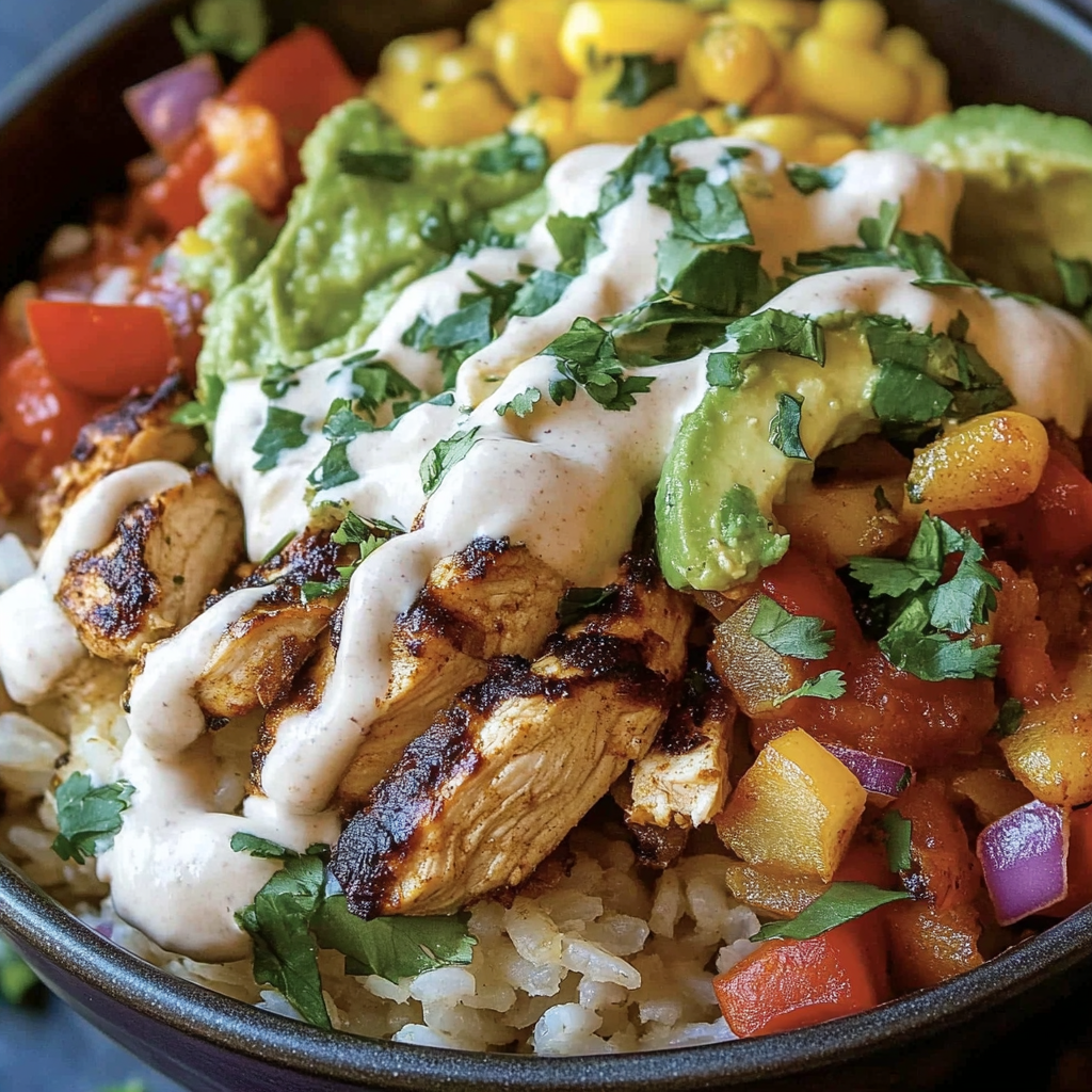 Loaded Chicken Fajita Rice Bowls with Smoky Chipotle Cream