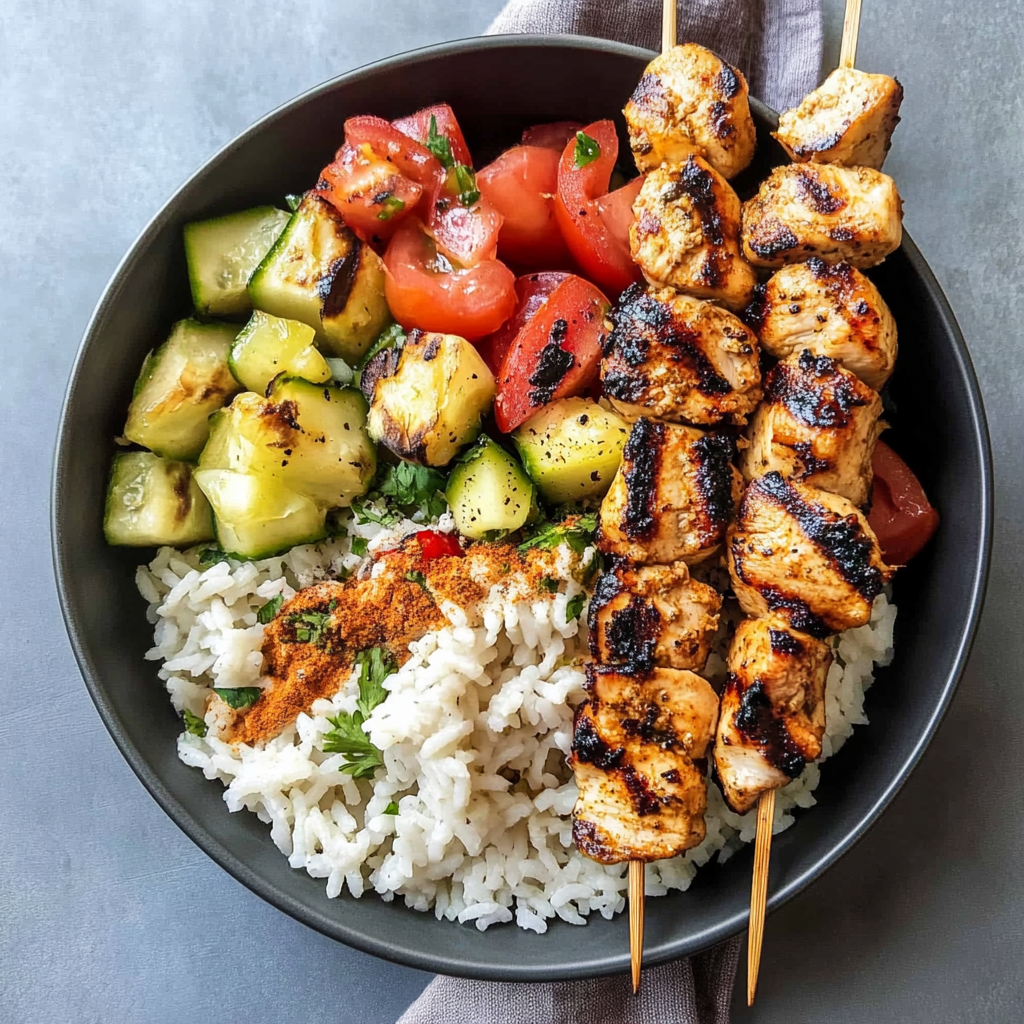 Mediterranean Rice Bowl with Grilled Chicken Tawook Skewers