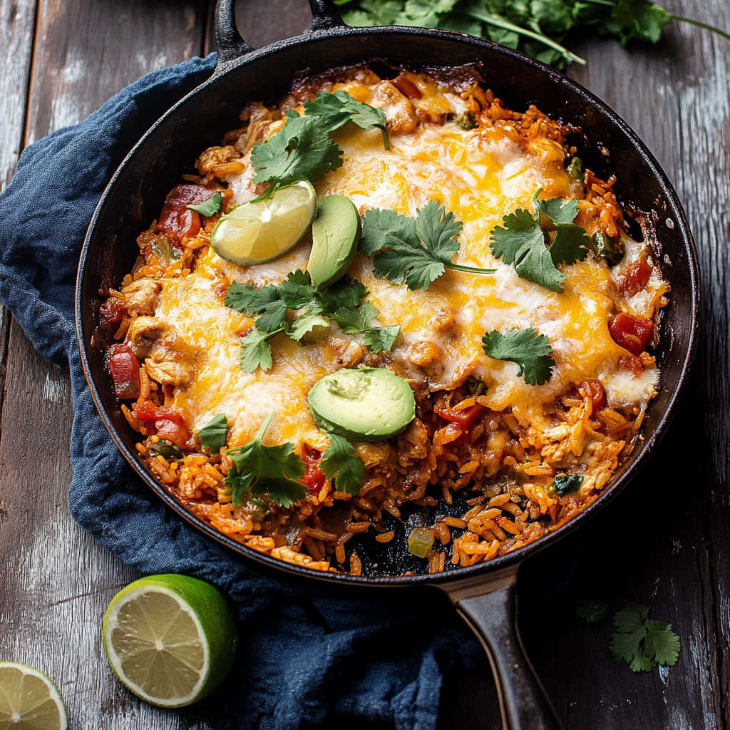 One Skillet Cheesy Cuban Chicken Rice Bake