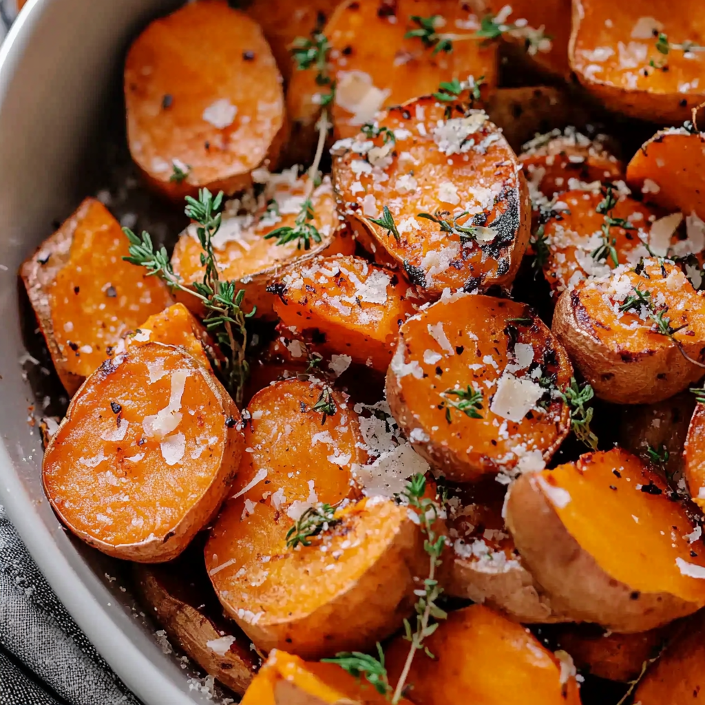 Roasted Sweet Potatoes with Garlic and Parmesan
