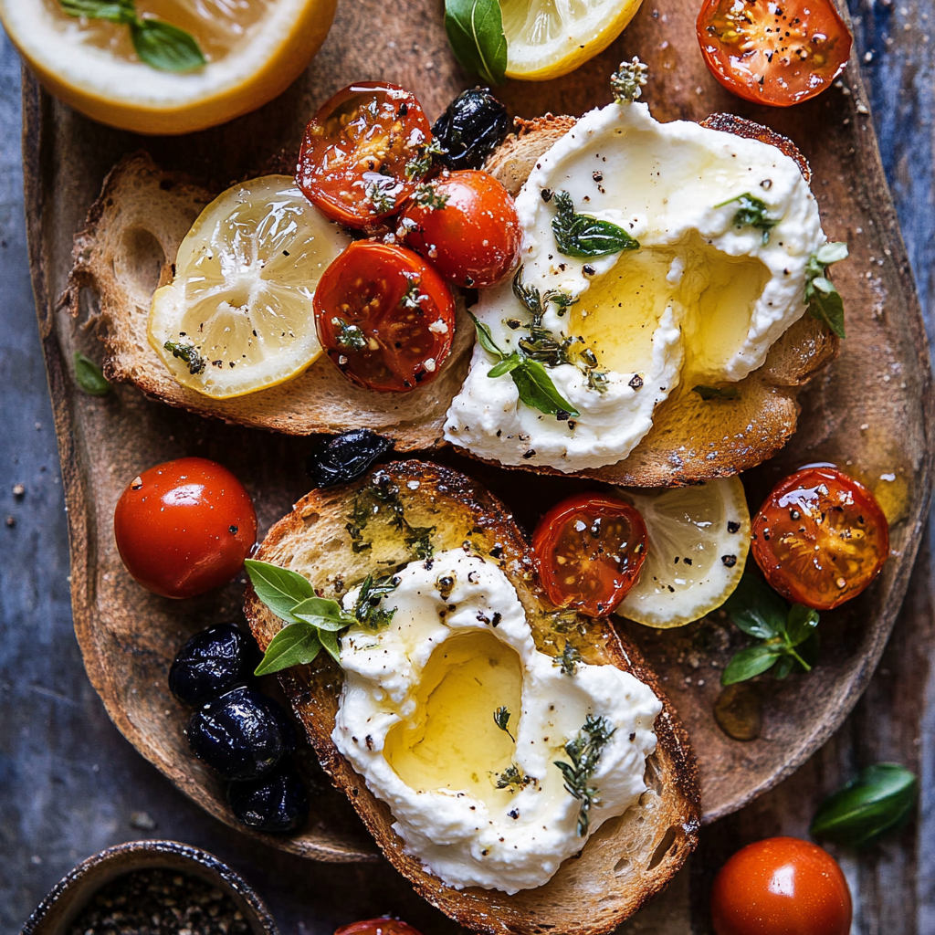 Whipped Ricotta Toast with Marinated Tomatoes and Lemon