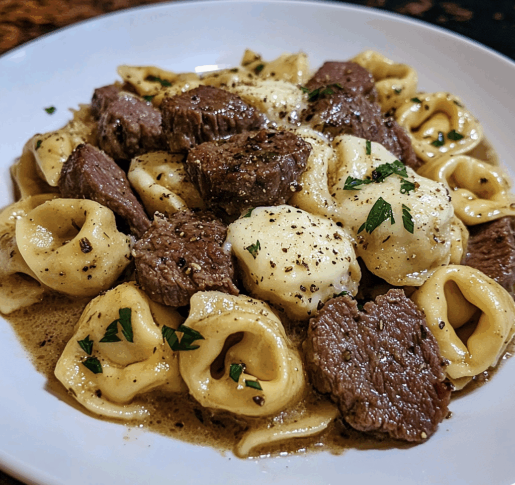 Savory Cheesesteak Tortellini in creamy provolone sauce