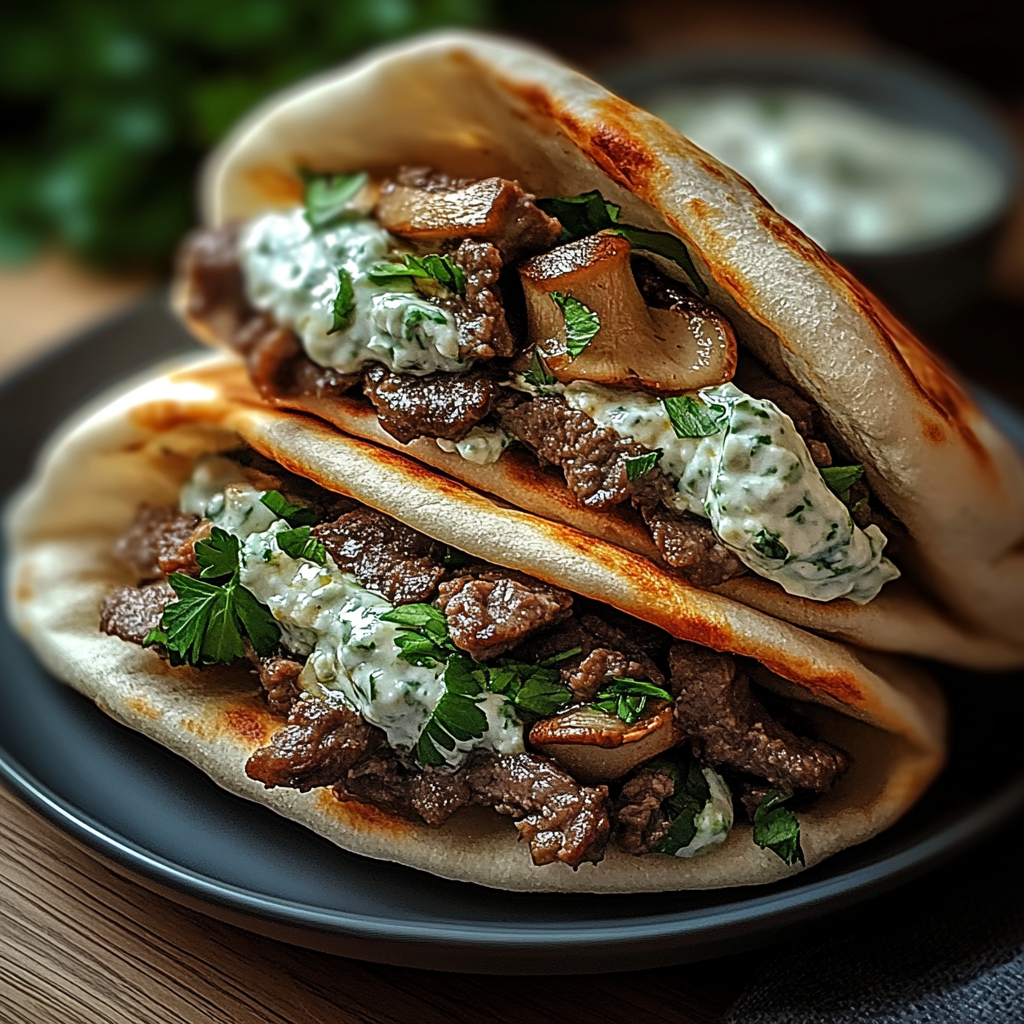 Cheesy Beef and Mushroom Pita Pockets with Tzatziki Sauce