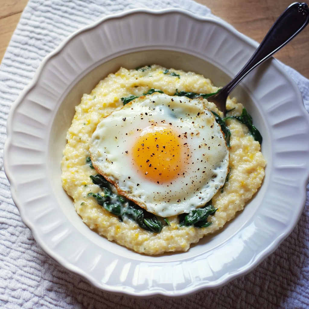 Cheesy Grits with Spinach and Fried Eggs