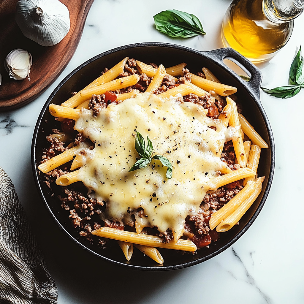 Cheesy Penne with Garlic Butter Ground Beef