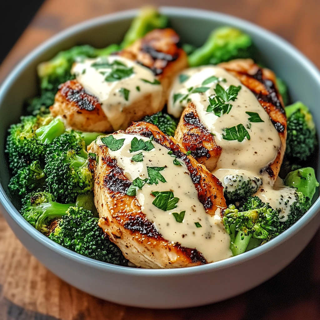 Grilled Chicken & Broccoli Bowls with Creamy Garlic Sauce