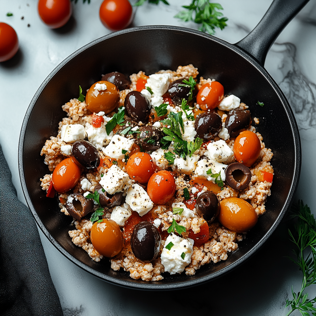 Mediterranean Keto Ground Chicken Skillet with Olives and Feta