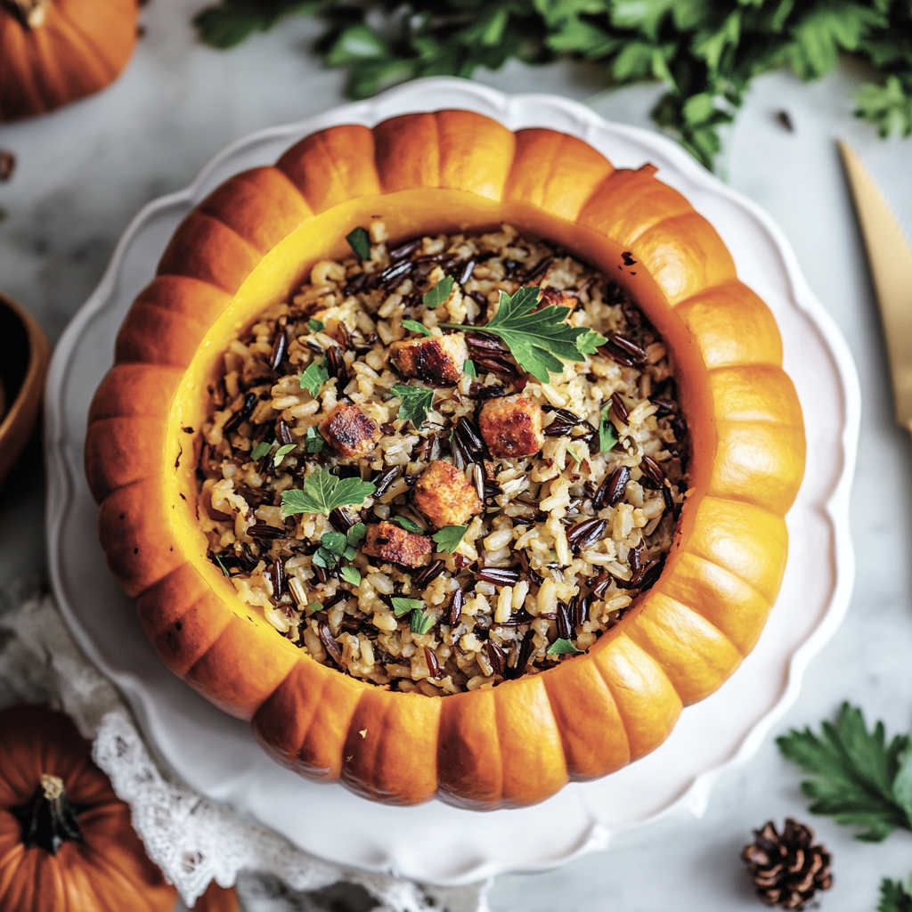 Pumpkin Stuffed with Wild Rice and Sausage