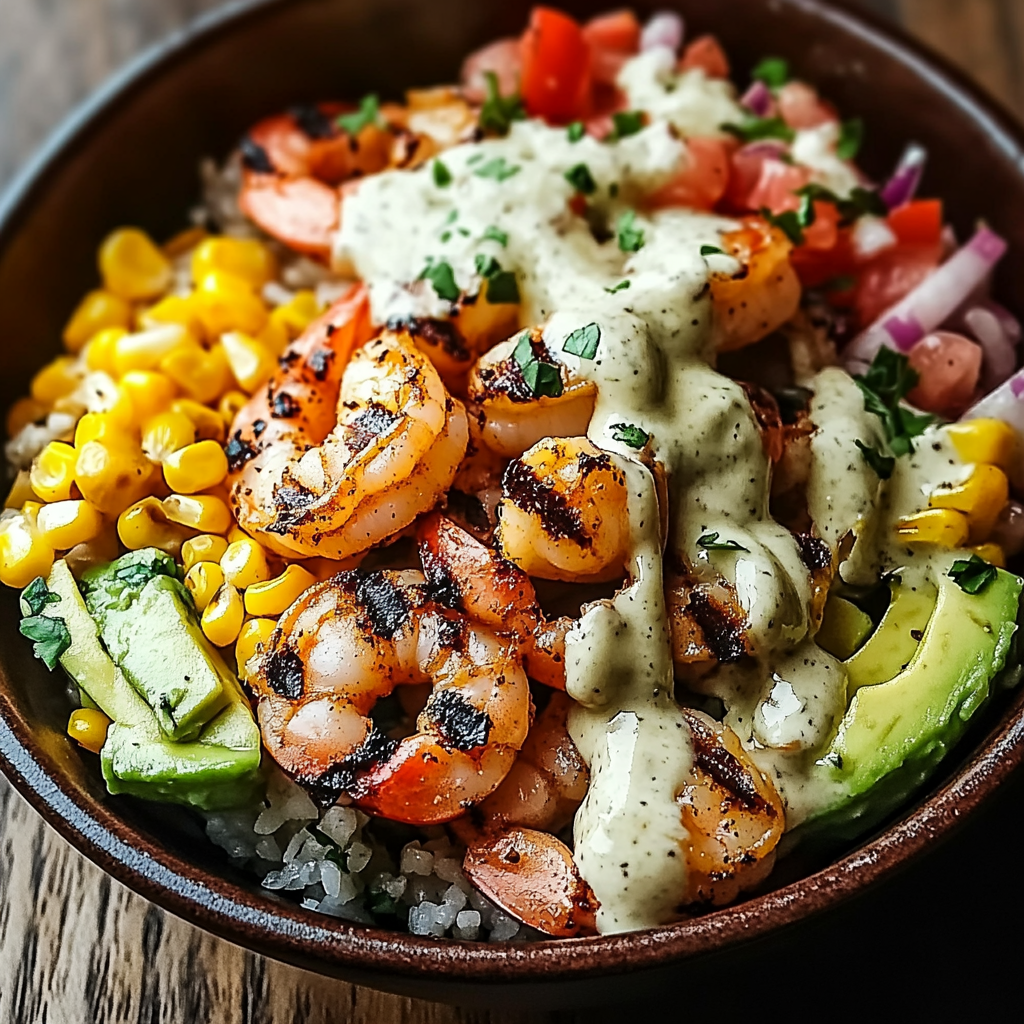 Yummy Grilled Shrimp Bowl with Avocado Corn Salsa and Creamy Sauce